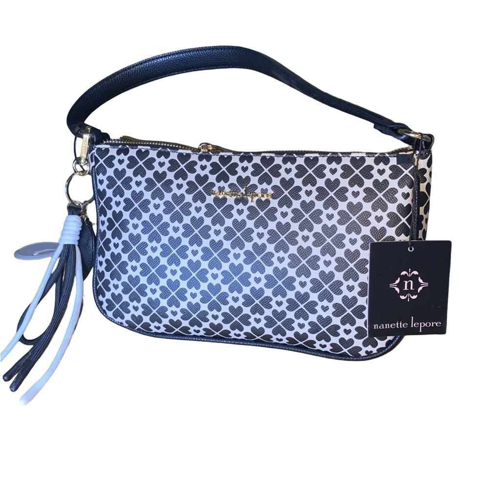 Nanette Lepore Black‎ and White heart print clutch with charm